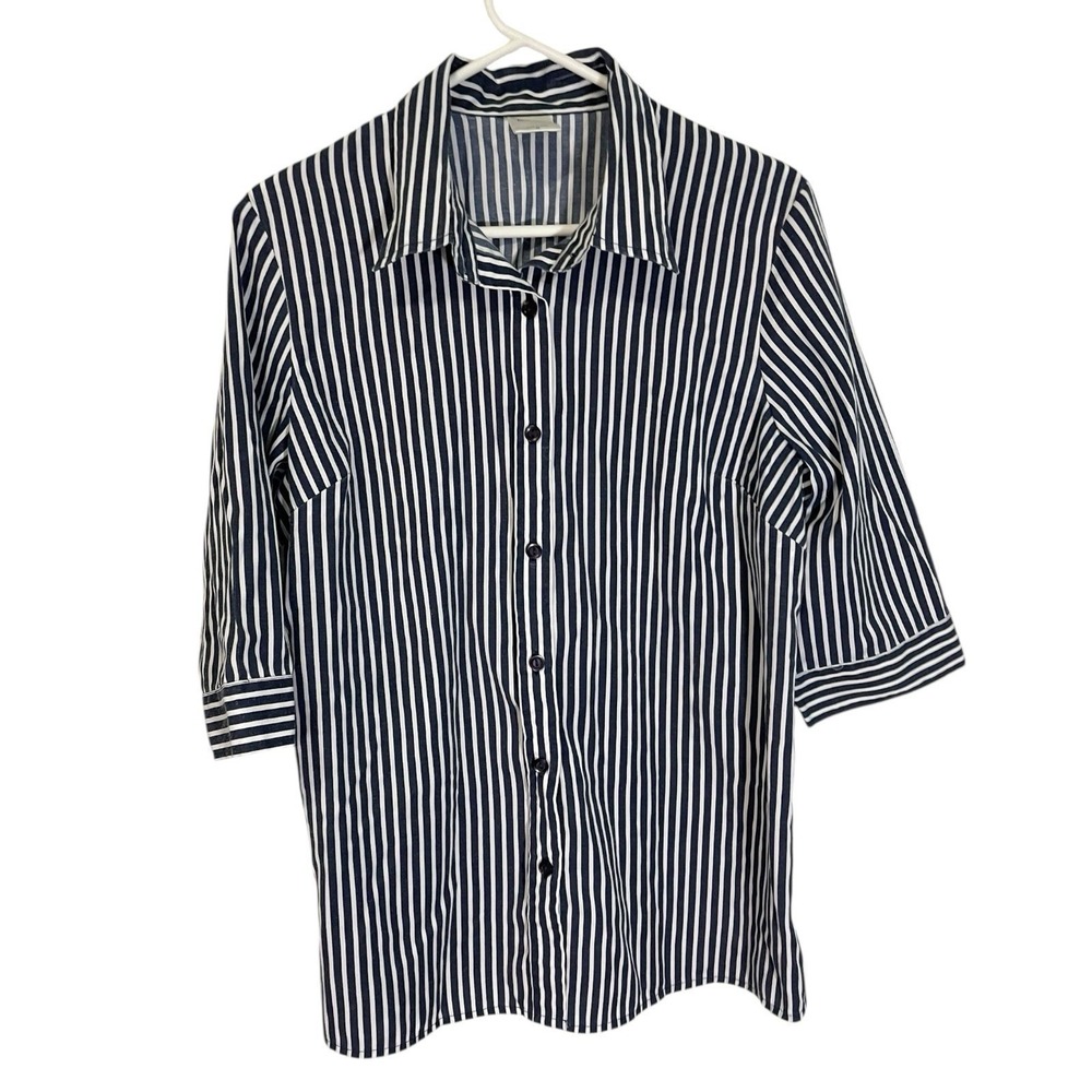 *BLAIR Medium Blue/White Striped Button Up Shirt Business 3/4 Sleeve Poly Blend